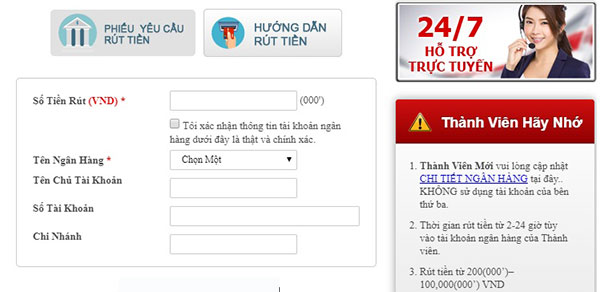 Rút tiền tại 12bet